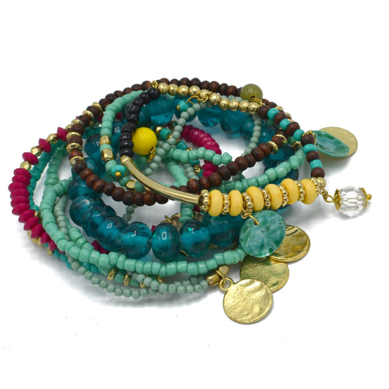 Turquoise coral and brown beads memory wire stretch Multi charm bracelets #BR87881_ML (OF19)(OE19