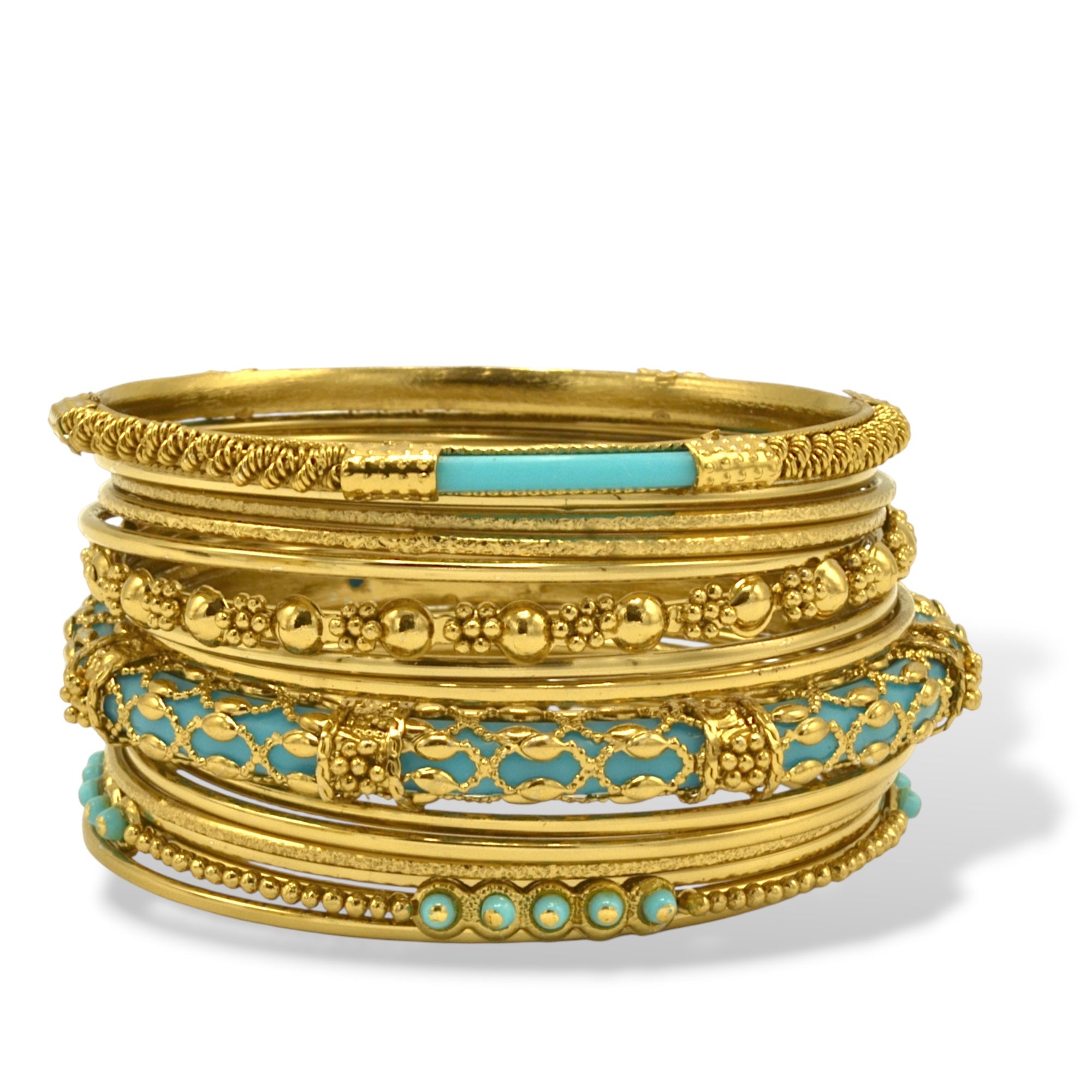 Gold Turquoise 13-Piece Bangle Bracelet Set – Classic Stacked Bangles For Women#BL01184A_GLD-TUR