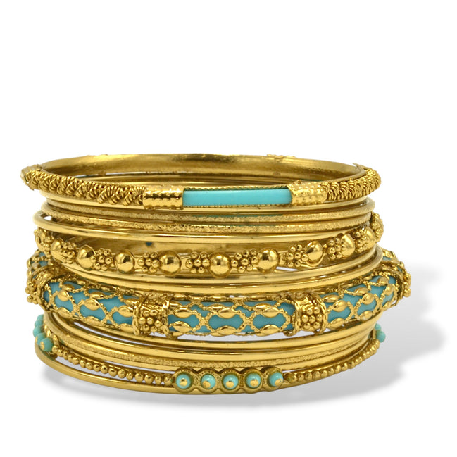 Gold Turquoise 13-Piece Bangle Bracelet Set – Classic Stacked Bangles For Women#BL01184A_GLD-TUR