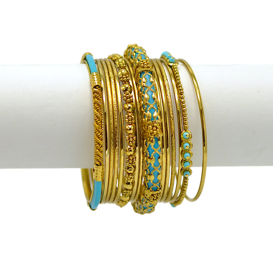 Gold Turquoise 13-Piece Bangle Bracelet Set – Classic Stacked Bangles For Women#BL01184A_GLD-TUR