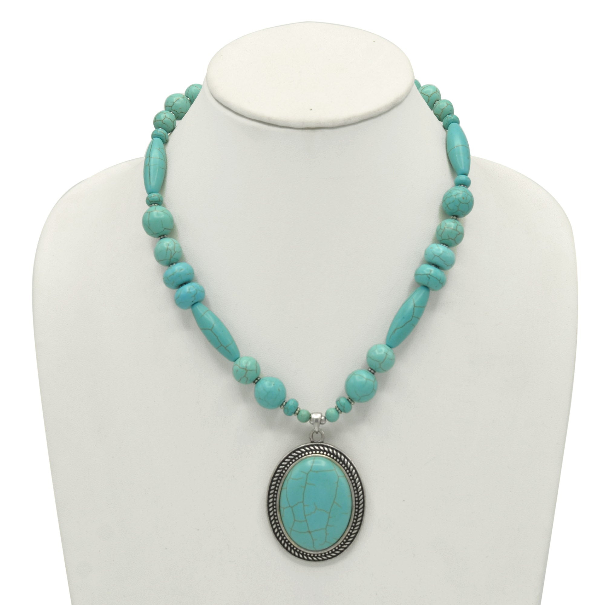 SILVER  OX TURQUOISE OVAL SHAPE PENDANT NECKLACE  #HNN78371_SIL-OX_TRQ (GD4,5)