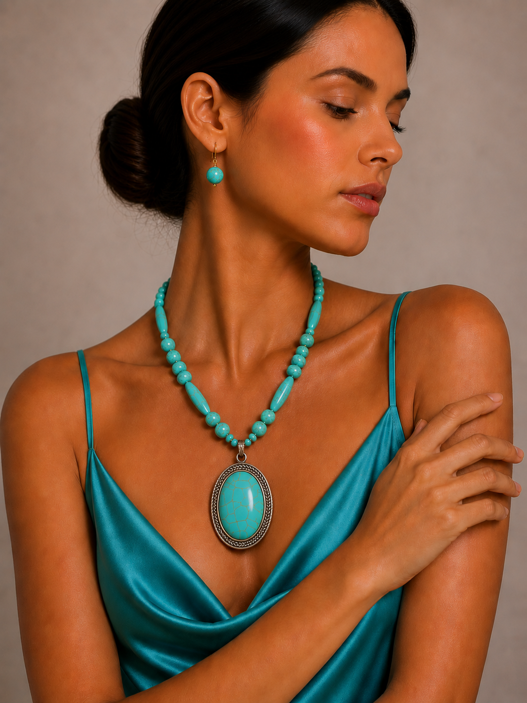 Turquoise Beaded Statement Pendant Necklace – 24