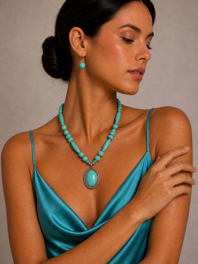 Turquoise Beaded Statement Pendant Necklace – 24" + 3" Extender  #HNN78371_SIL-OX_TRQ (GD4,5)