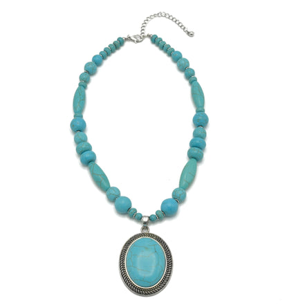 Turquoise Beaded Statement Pendant Necklace – 24" + 3" Extender  #HNN78371_SIL-OX_TRQ (GD4,5)