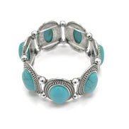 Bohemian Elegance: Oval Turquoise & Textured Silver Stretch Bracelet #HNB78371_SIL_OX-TRQ(JF1)