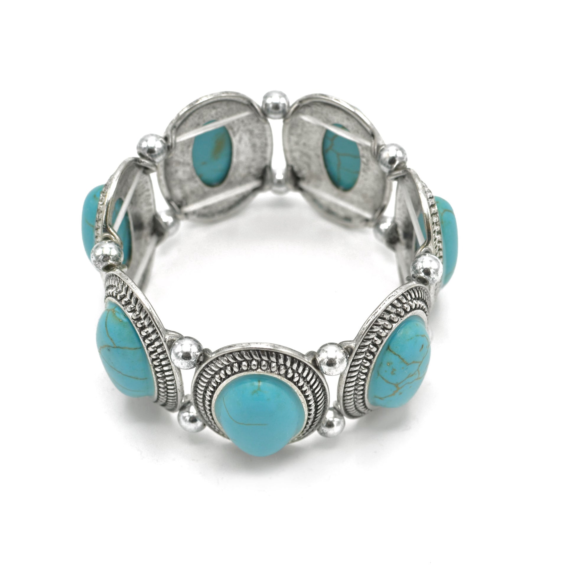Bohemian Elegance: Oval Turquoise & Textured Silver Stretch Bracelet #HNB78371_SIL_OX-TRQ(JF1)