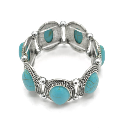 Bohemian Elegance: Oval Turquoise & Textured Silver Stretch Bracelet #HNB78371_SIL_OX-TRQ(JF1)