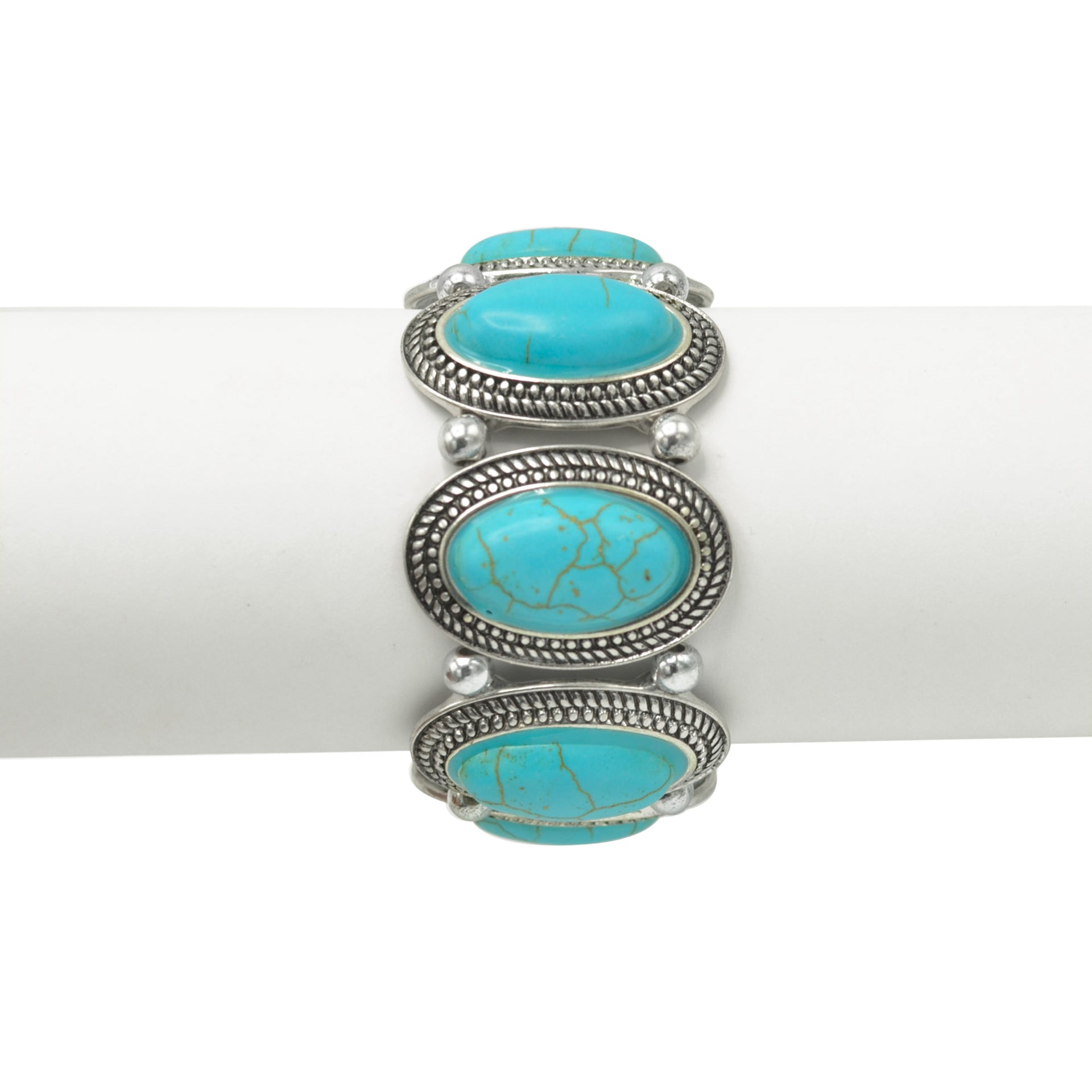 Bohemian Elegance: Oval Turquoise & Textured Silver Stretch Bracelet #HNB78371_SIL_OX-TRQ(JF1)