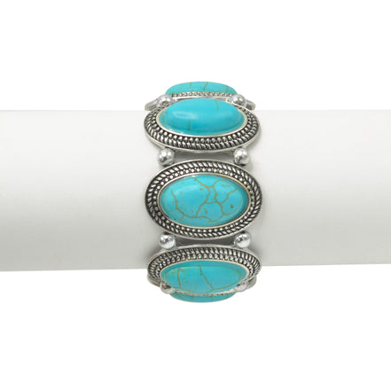 Bohemian Elegance: Oval Turquoise & Textured Silver Stretch Bracelet #HNB78371_SIL_OX-TRQ(JF1)