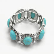 Bohemian Elegance: Oval Turquoise & Textured Silver Stretch Bracelet #HNB78371_SIL_OX-TRQ(JF1)