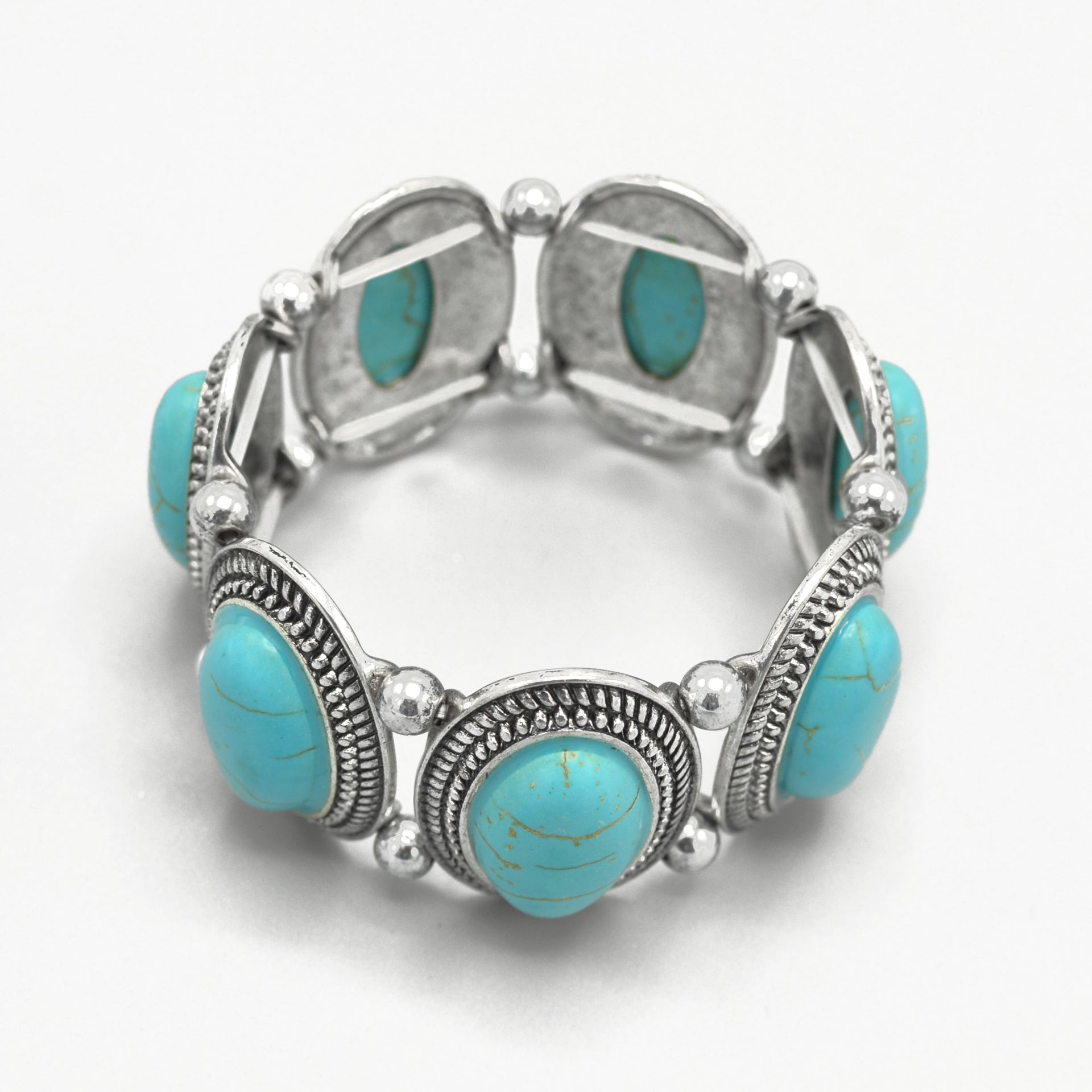 Bohemian Elegance: Oval Turquoise & Textured Silver Stretch Bracelet #HNB78371_SIL_OX-TRQ(JF1)