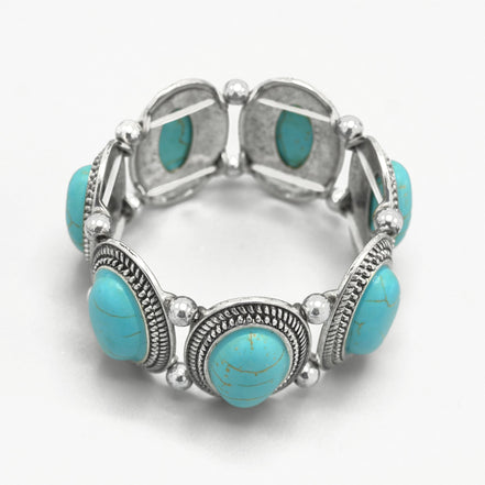 Bohemian Elegance: Oval Turquoise & Textured Silver Stretch Bracelet #HNB78371_SIL_OX-TRQ(JF1)