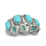 Bohemian Elegance: Oval Turquoise & Textured Silver Stretch Bracelet #HNB78371_SIL_OX-TRQ(JF1)