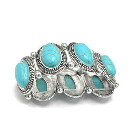 Bohemian Elegance: Oval Turquoise & Textured Silver Stretch Bracelet #HNB78371_SIL_OX-TRQ(JF1)