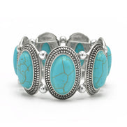 Bohemian Elegance: Oval Turquoise & Textured Silver Stretch Bracelet #HNB78371_SIL_OX-TRQ(JF1)