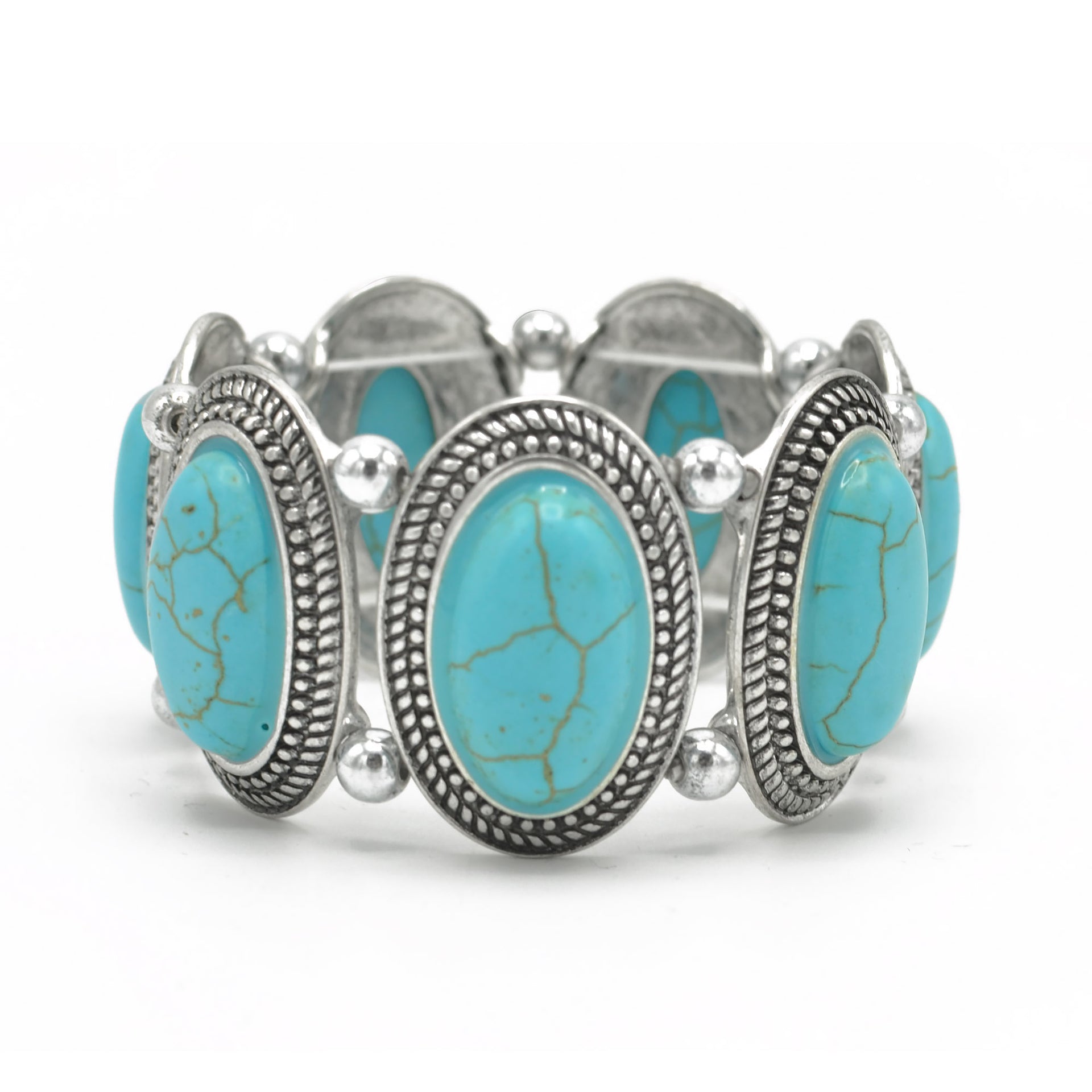 Bohemian Elegance: Oval Turquoise & Textured Silver Stretch Bracelet #HNB78371_SIL_OX-TRQ(JF1)