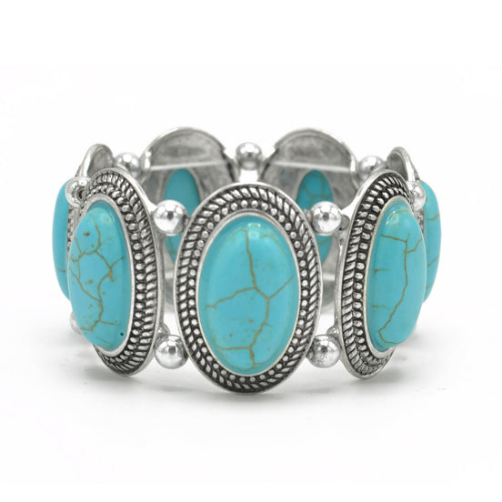 Bohemian Elegance: Oval Turquoise & Textured Silver Stretch Bracelet #HNB78371_SIL_OX-TRQ(JF1)