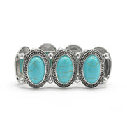 Bohemian Elegance: Oval Turquoise & Textured Silver Stretch Bracelet #HNB78371_SIL_OX-TRQ(JF1)