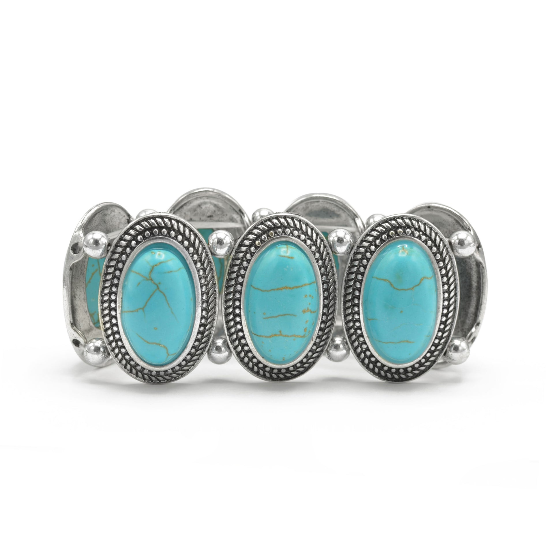 Bohemian Elegance: Oval Turquoise & Textured Silver Stretch Bracelet #HNB78371_SIL_OX-TRQ(JF1)
