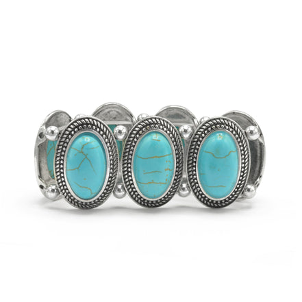 Bohemian Elegance: Oval Turquoise & Textured Silver Stretch Bracelet #HNB78371_SIL_OX-TRQ(JF1)