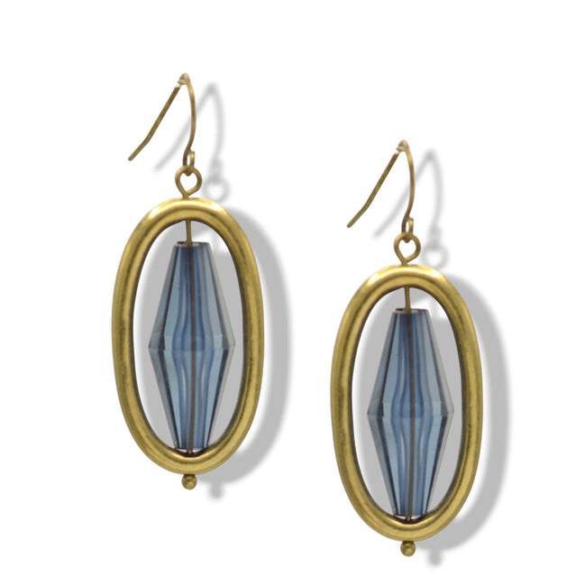 Gold Oval and Blue faceted Drop Earrings 2"#SE29965GLD/BLU(FG1)