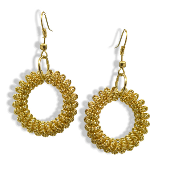 Gold Spiral Hoop Dangle Earrings – Textured Wire Coil Design, 2"#SWAAW030701N_G-MATT