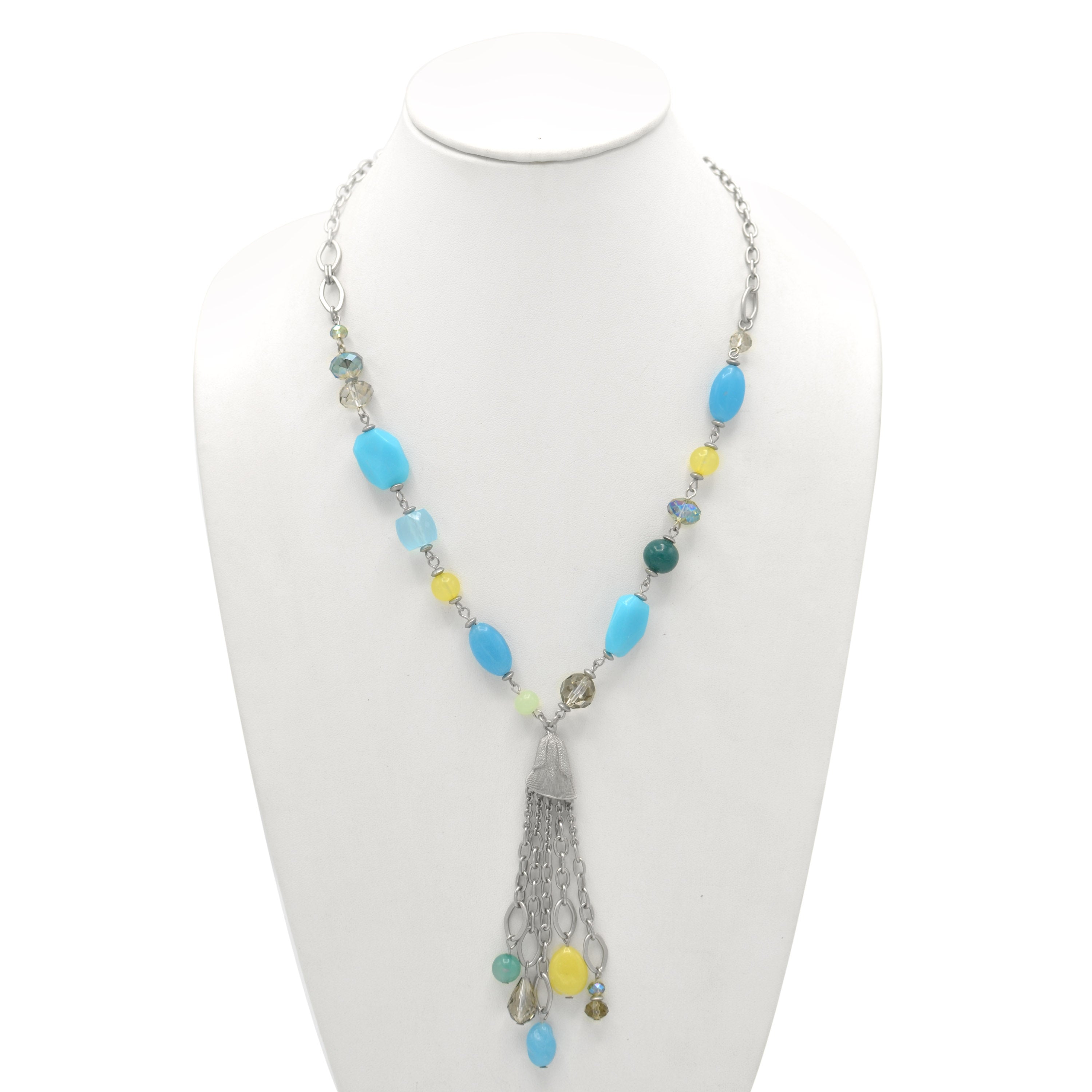 RHODIUM-BLUE MIX BEADS TASSEL NECKLACE #SC32364_ROD-BLU_MIX (BH6/BG6)