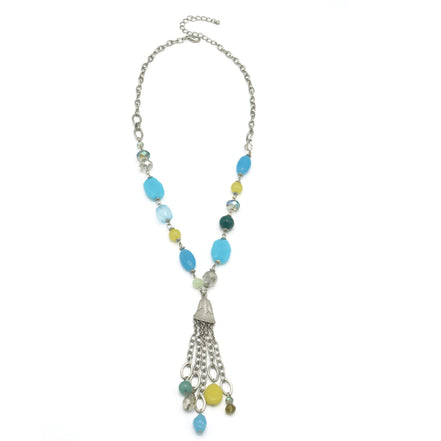 RHODIUM-BLUE MIX BEADS TASSEL NECKLACE #SC32364_ROD-BLU_MIX (BH6/BG6)