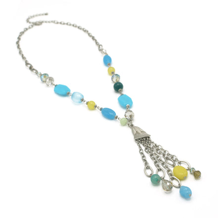 RHODIUM-BLUE MIX BEADS TASSEL NECKLACE #SC32364_ROD-BLU_MIX (BH6/BG6)