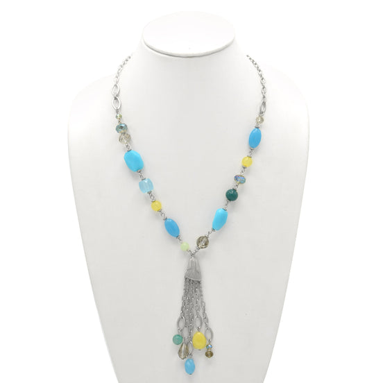 RHODIUM-BLUE MIX BEADS TASSEL NECKLACE #SC32364_ROD-BLU_MIX (BH6/BG6)