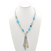 RHODIUM-BLUE MIX BEADS TASSEL NECKLACE #SC32364_ROD-BLU_MIX (BH6/BG6)