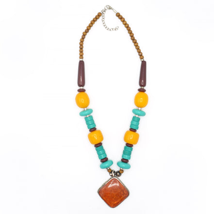 ORANG AND GREEN RESIN BEAD PENDANT NECKLACE #N43101