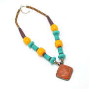 ORANG AND GREEN RESIN BEAD PENDANT NECKLACE #N43101 (IE22)