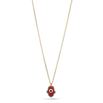 GOLD RED HAMSA HAND PENDANT SHORT NECKLACE # HNN90662GD(LF16)