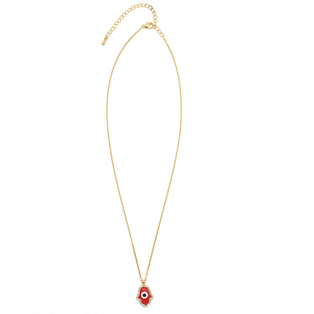 GOLD RED HAMSA HAND PENDANT SHORT NECKLACE # HNN90662GD(LF16)