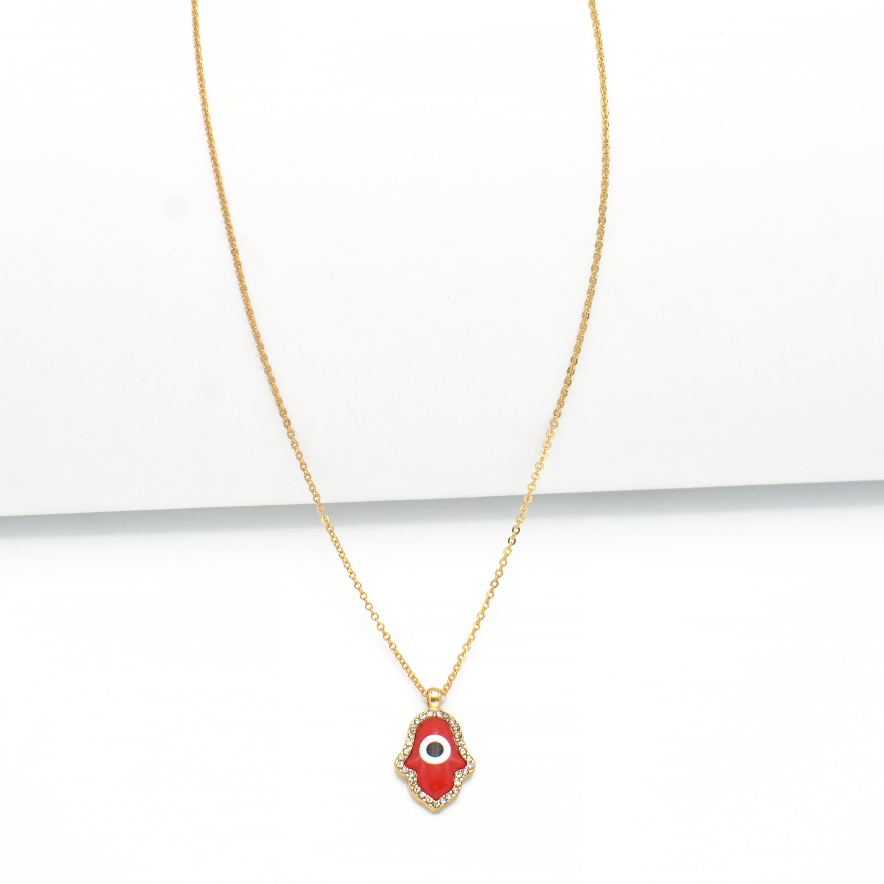 GOLD RED HAMSA HAND PENDANT SHORT NECKLACE # HNN90662GD(LF16)
