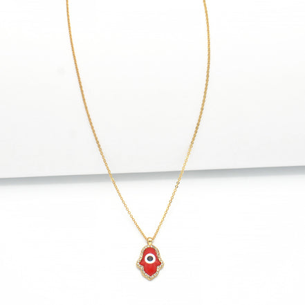 GOLD RED HAMSA HAND PENDANT SHORT NECKLACE # HNN90662GD(LF16)