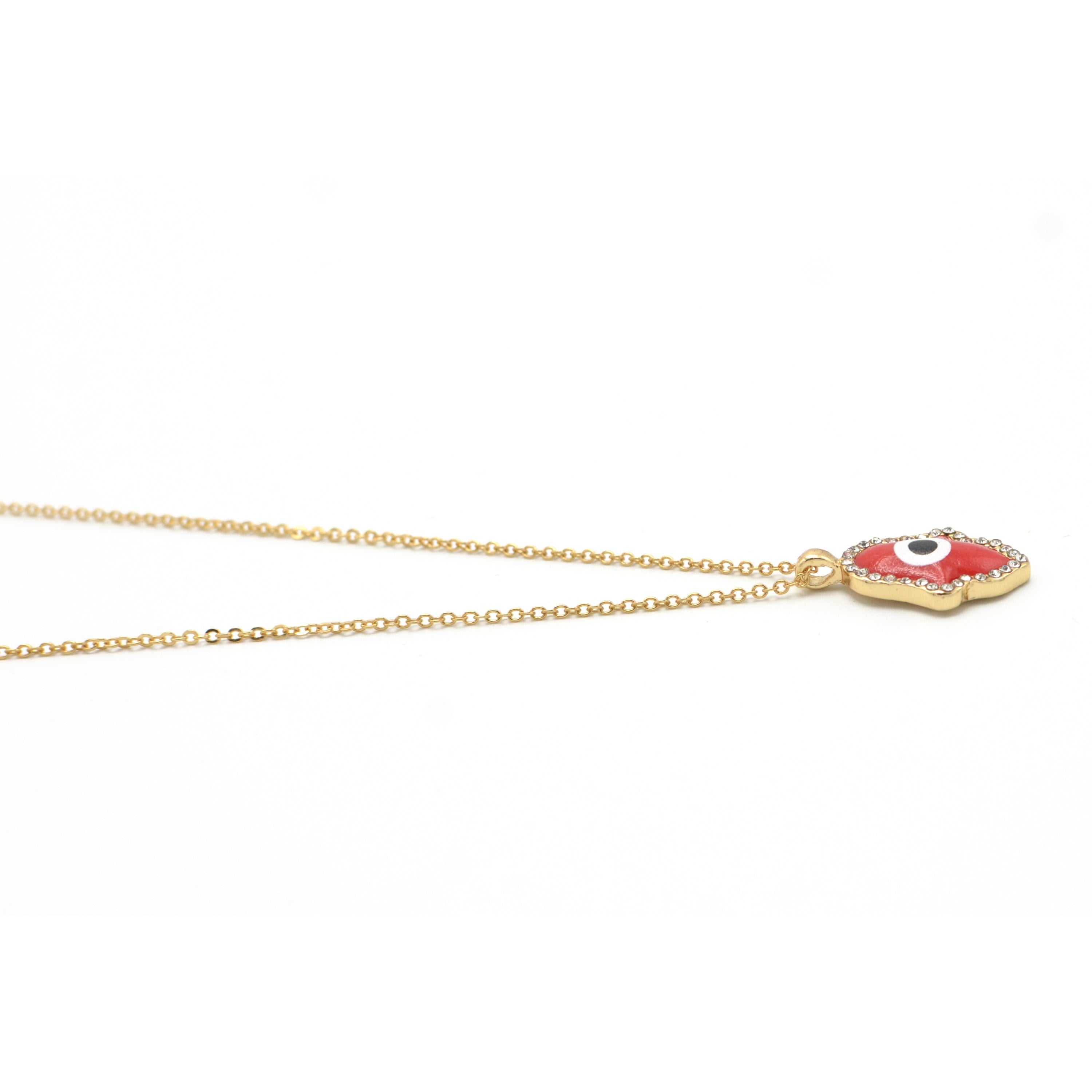 GOLD RED HAMSA HAND PENDANT SHORT NECKLACE # HNN90662GD(LF16)