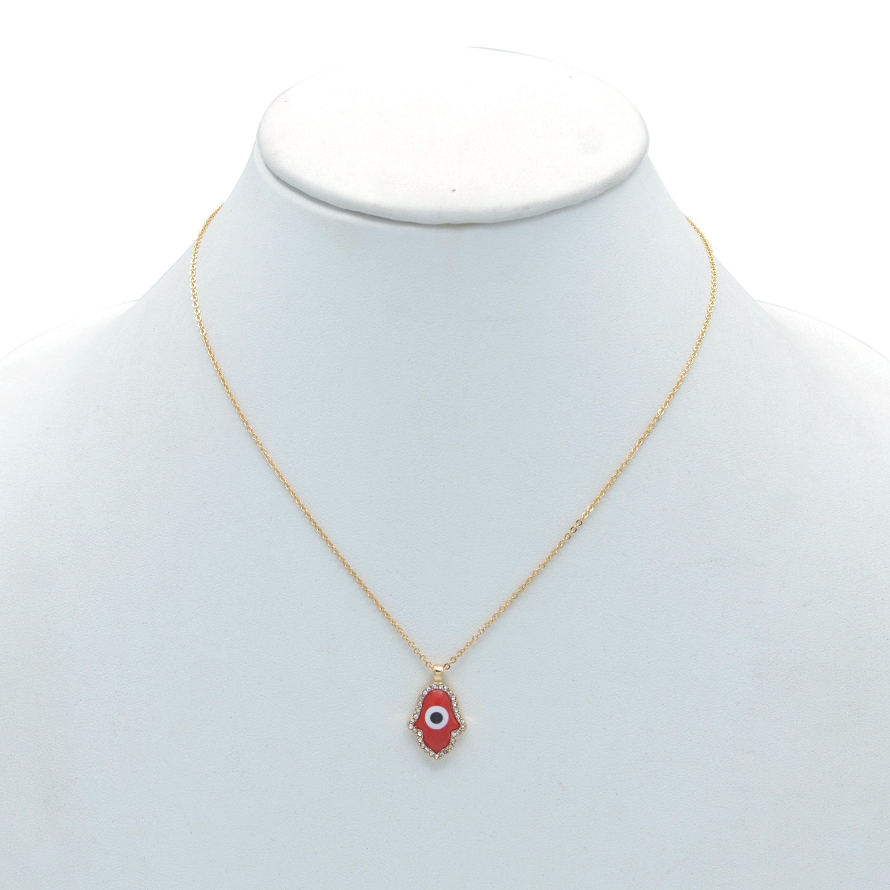 GOLD RED HAMSA HAND PENDANT SHORT NECKLACE # HNN90662GD(LF16)
