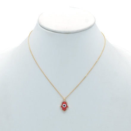 GOLD RED HAMSA HAND PENDANT SHORT NECKLACE # HNN90662GD(LF16)