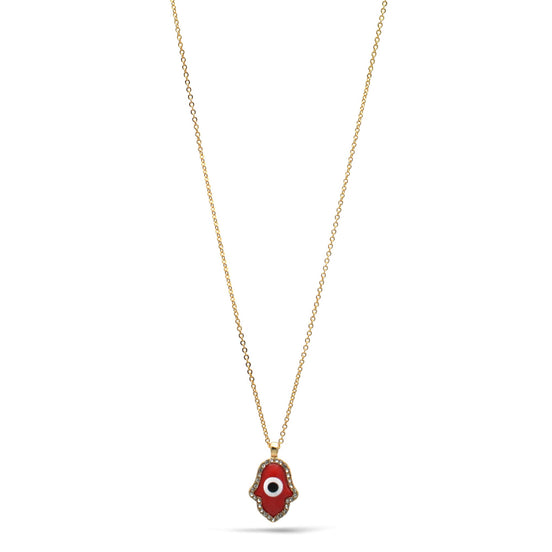 GOLD RED HAMSA HAND PENDANT SHORT NECKLACE # HNN90662GD(LF16)