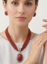 Red Coral Multi-Strand Statement Pendant Necklace & Matching Earrings Set – Silver Tone Oval Stone Jewelry #FW-SET4442S/M (Line O top riser)
