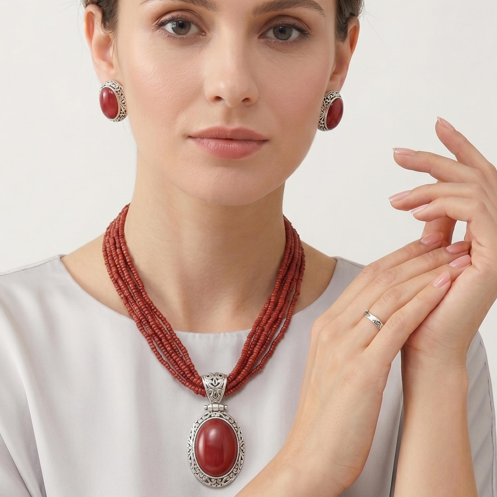 Red Coral Multi-Strand Statement Pendant Necklace & Matching Earrings Set – Silver Tone Oval Stone Jewelry #FW-SET4442S/M (Line O top riser)