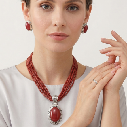 Red Coral Multi-Strand Statement Pendant Necklace & Matching Earrings Set – Silver Tone Oval Stone Jewelry #FW-SET4442S/M (Line O top riser)