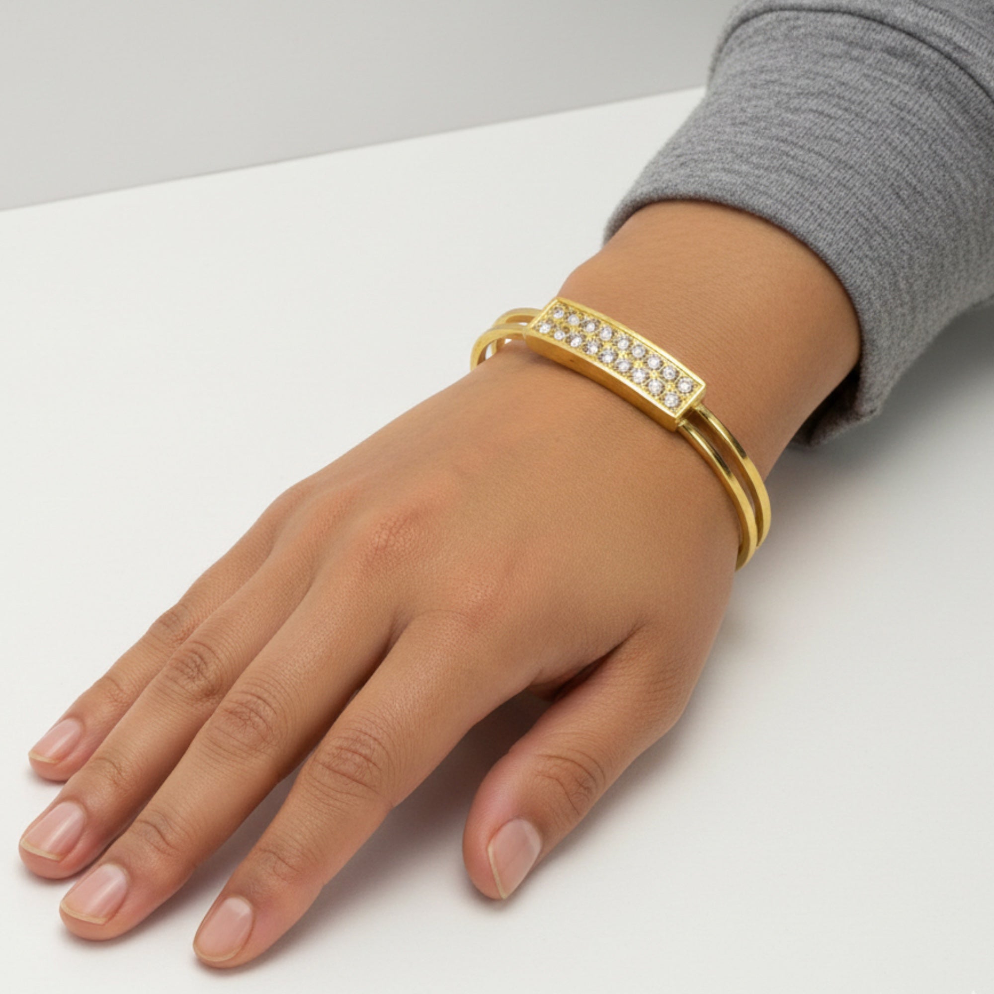 Gold-Tone Double Wire Bangle Bracelet with Crystal Bar Accent – 2.7