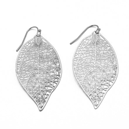 RHODIUM LASER CUT LIGHT WEIGHT LEAF EARRINGS #HNE90636(HD12)