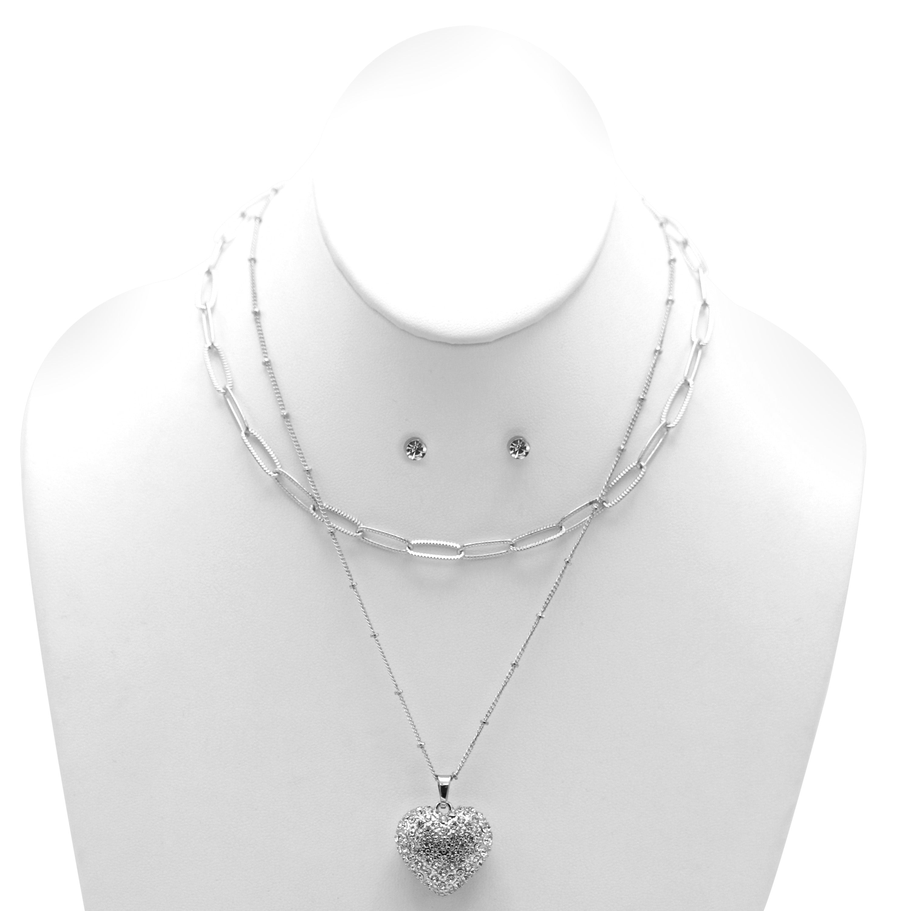 Rhodium Heart Crystal Pendant Necklace And Earrings Set#HNN+E90640(RC22/SF7)