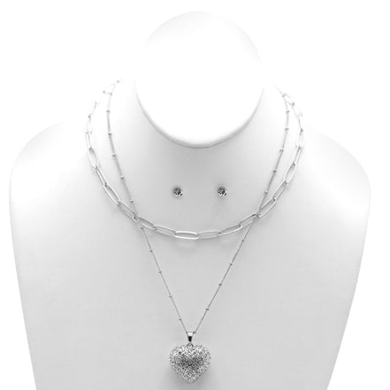 Rhodium Heart Crystal Pendant Necklace And Earrings Set#HNN+E90640(RC22/SF7)