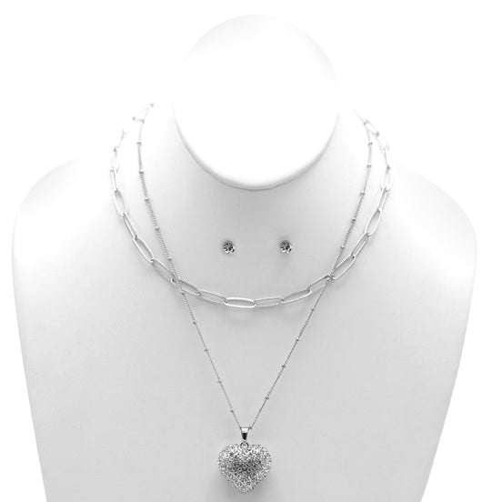 Rhodium Heart Crystal Pendant Necklace And Earrings Set#HNN+E90640(RC22/SF7)