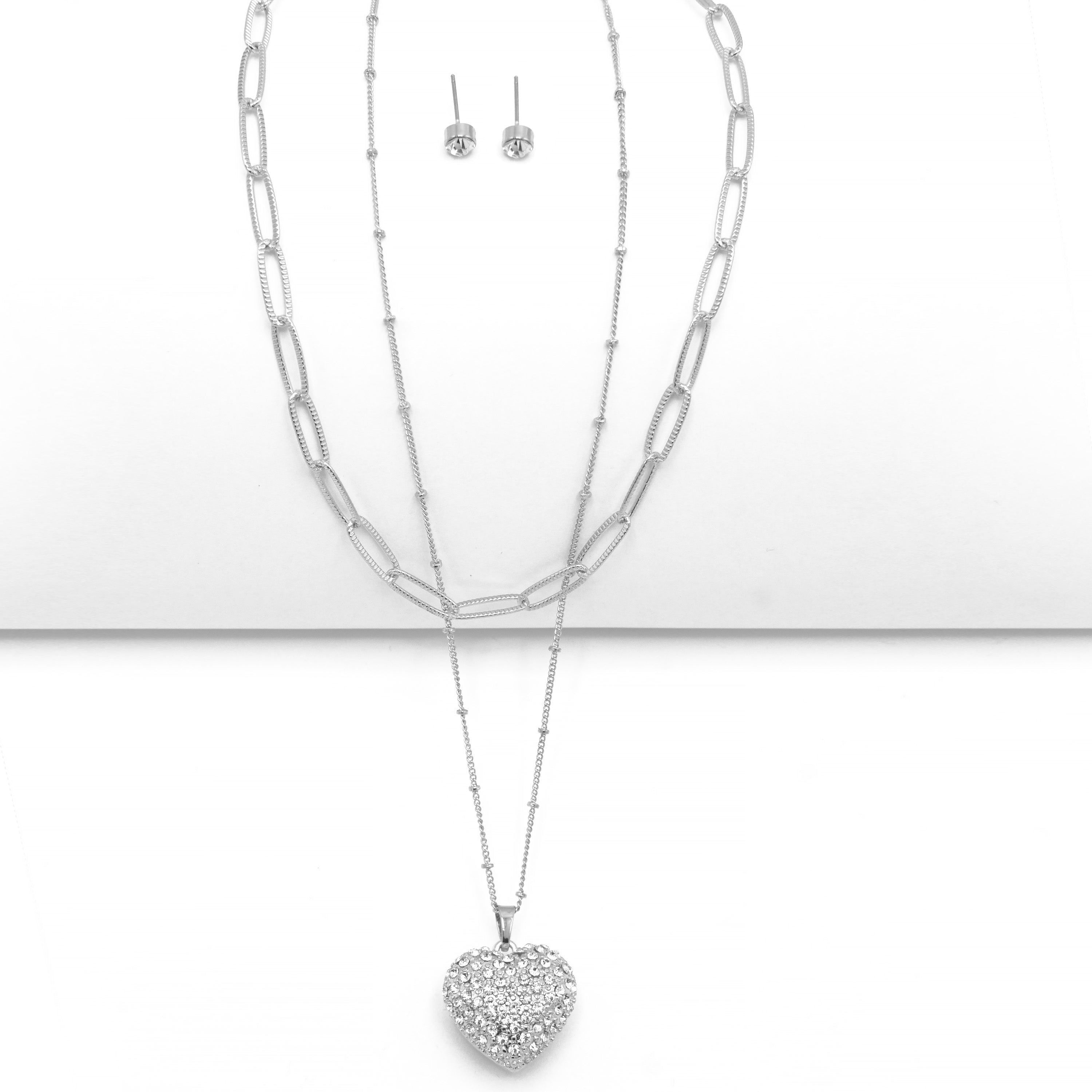 Rhodium Heart Crystal Pendant Necklace And Earrings Set#HNN+E90640(RC22/SF7)